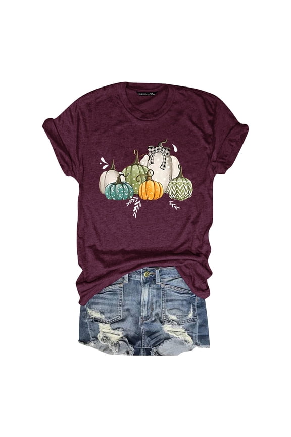 Womens T Shirts Tops Short Sleeve Round Neck Pumpkin Fruit Printed Ladies Clothing,,S