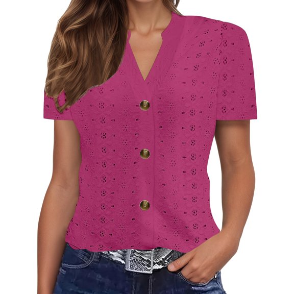 Womens T Shirts Tops Solid Color V-Neck Button Print Short Sleeve Plus Size Womens Clothing,RD2,L