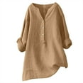 thumbnail image 1 of Womens T Shirts Tops Solid Color V-Neck Button Long Sleeved Shirt Womens Golf Shirt,Khaki,M, 1 of 4