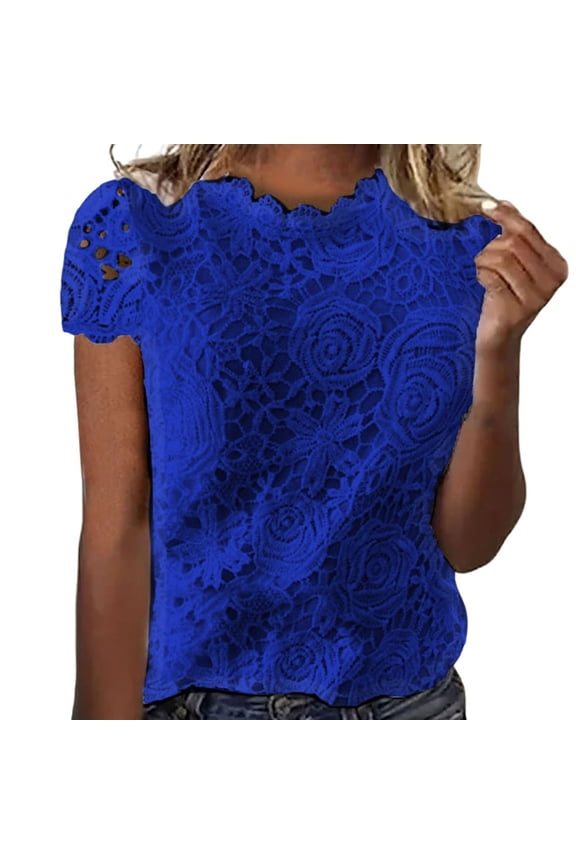 Womens T Shirts Tops Spring Summer New Short Sleeved Lace Fall Clothes for Women Tees Blouses Blue Size L