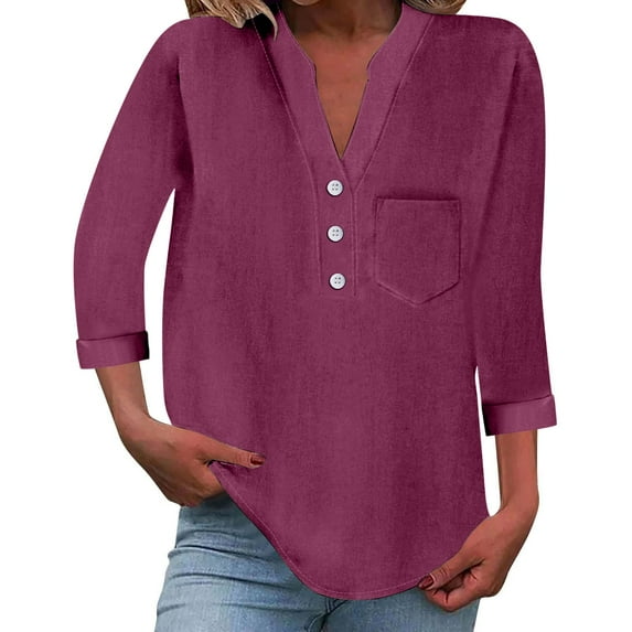 Womens T Shirts Tops Trendy Stylish 3/4 Sleeve Pocket Detail Plus Size Shirts,Purple,2XL
