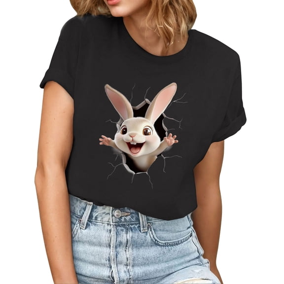 Womens T-Shirts Trendy Easter Bunny-Printed Crewneck Short Sleeve T-Shirts Tops Lightweight Casual Blouse Black L