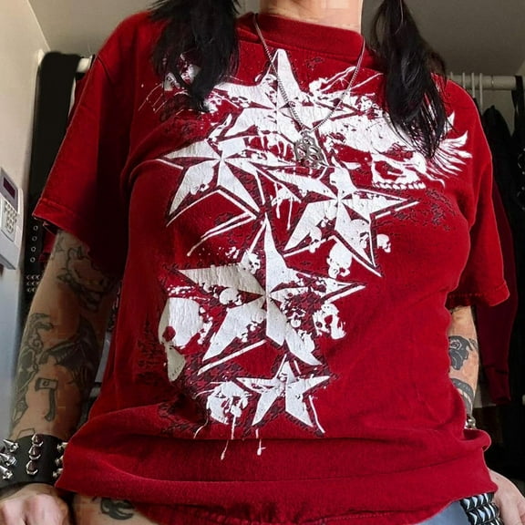 Womens T Shirts Trendy Star Print Short Sleerainbowe Summer Tops Stylish Pullorainbower Graphic Tees Red Gym Workout Y2K Clothes S