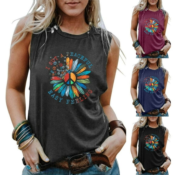 Womens T Shirts Trendy Sunflower Graphic Tees Navy Sleeveless Peace Sign Loose Tank Tops Black Oversized Blouses XL