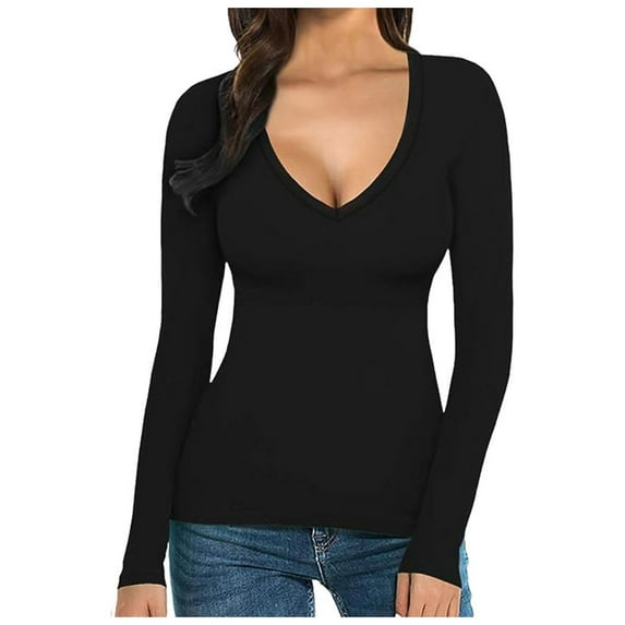 Womens T-Shirts Tshirts Long Sleeve V Neck Shirts for Slim Fitted Basic Tee Tops