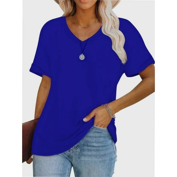 Womens T Shirts V Neck Rolled Sleeve Pocket Summer Tops Casual Loose Basic Tee Shirts Trendy
