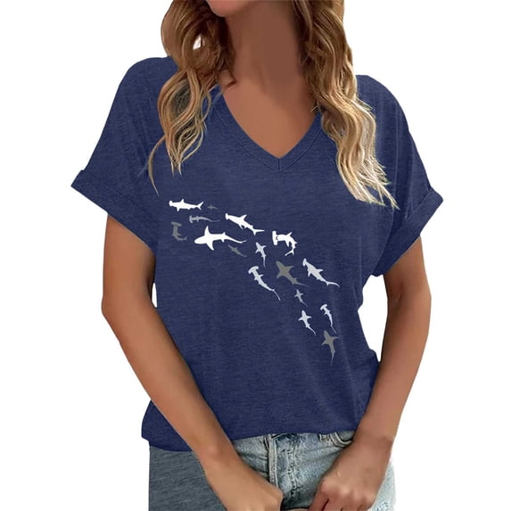 Womens T Shirts V-Neck Shark Print Basic Summer Tops 2026 Short Sleeve Trendy Tees