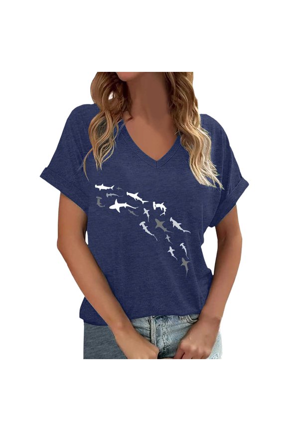 Womens T Shirts V-Neck Shark Print Basic Summer Tops 2026 Short Sleeve Trendy Tees