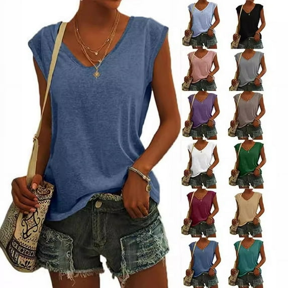 Womens T Shirts V Neck Short Sleeve Casual Loose Fit Basic Tees Tank Tops Solid color Casual Summer Fashion Trendy Outfits Clothes Blouse ﻿