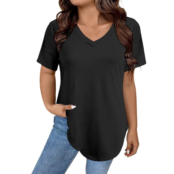 Womens T Shirts V Neck Short Sleeve Plus Size Basic Tee Curved Hem Tunic Tops,Black,4XL