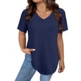 thumbnail image 1 of Womens T Shirts V Neck Short Sleeve Plus Size Basic Tee Curved Hem Tunic Tops,Navy,XL, 1 of 4