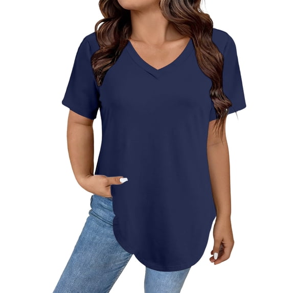 Womens T Shirts V Neck Short Sleeve Plus Size Basic Tee Curved Hem Tunic Tops,Navy,XL