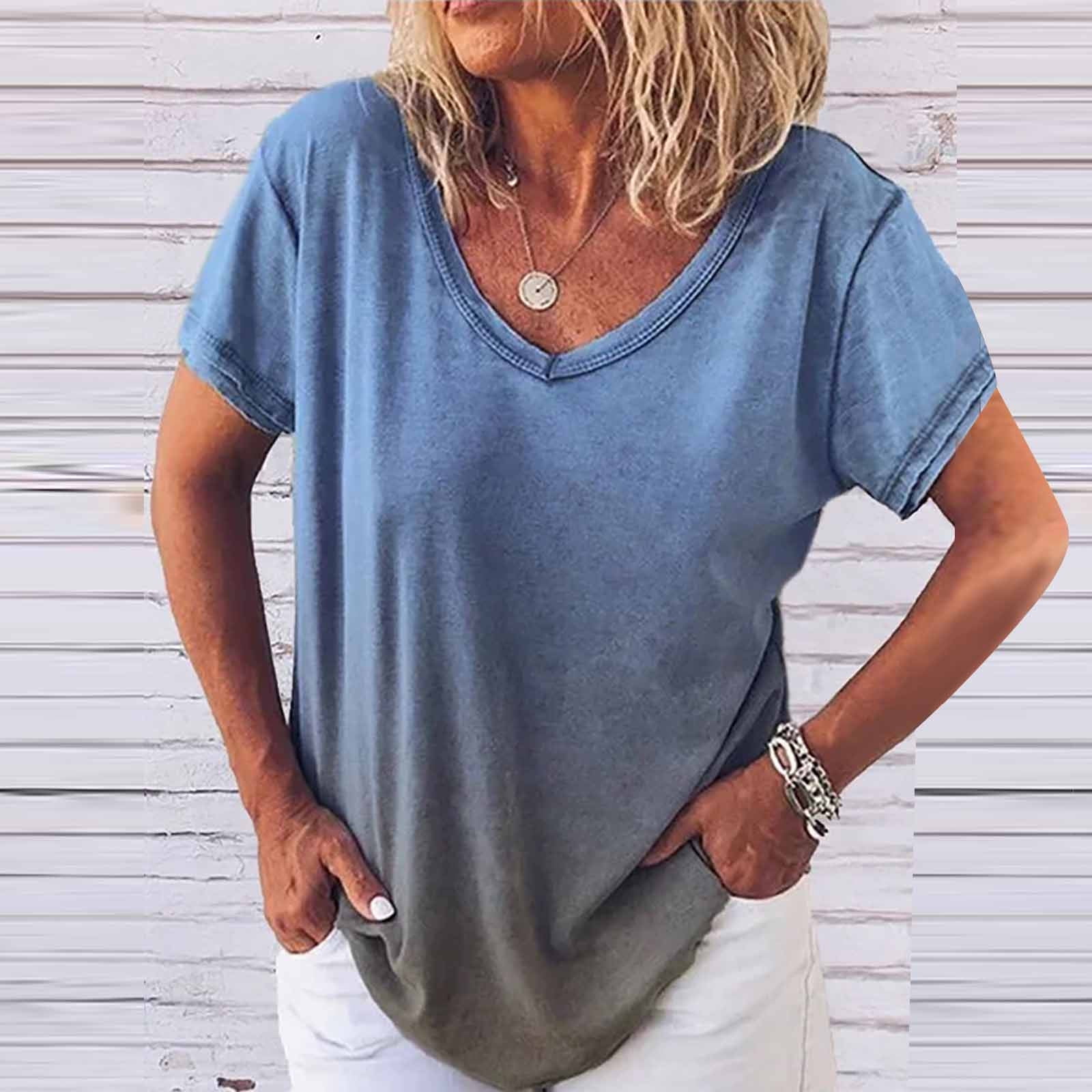 Women's V Neck Long Sleeve Gradient T Shirt Loose Casual Dressy Basic Tops  Tunic Fashion Trendy Tees