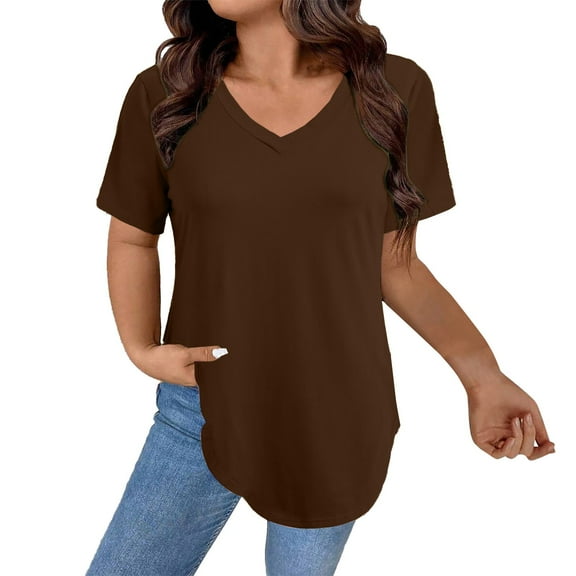 Womens T Shirts V Neck Summer Short/Long Sleeve Cotton Tops Tees Brown Women Blending Shirts Women's Short Sleeve T-Shirt(S)