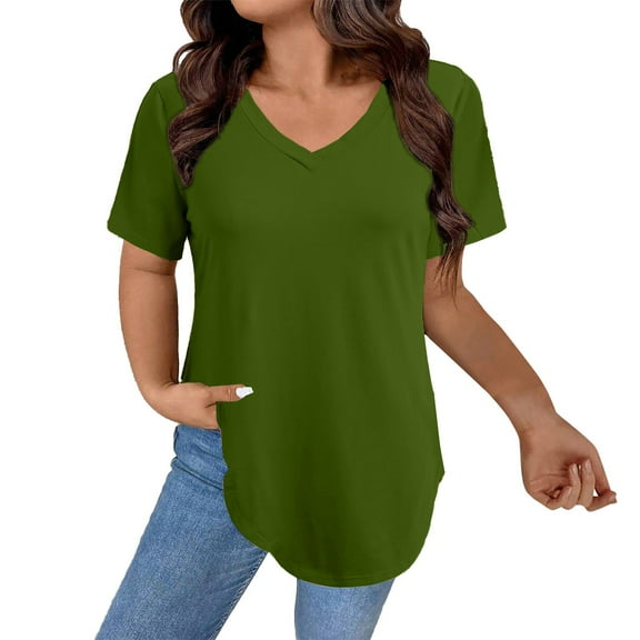 Womens T Shirts V Neck Summer Short/Long Sleeve Cotton Tops Tees Green Women Blending Shirts Women's Short Sleeve T-Shirt(S)