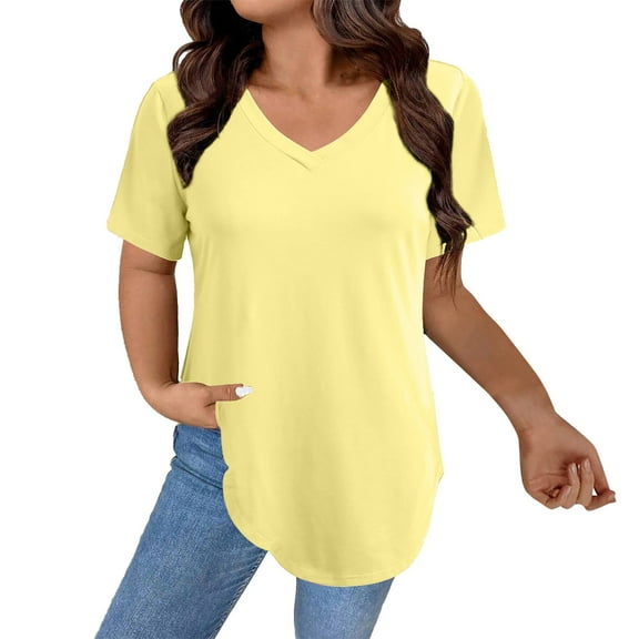 Womens T Shirts V Neck Summer Short/Long Sleeve Cotton Tops Tees Yellow Women Blending Shirts Women's Short Sleeve T-Shirt(S)