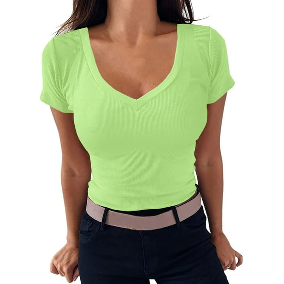 Womens T Shirts V Neck Tee Ribbed Fitted Tight Short Sleeve Basic Knit Breathable Comfortable Simple Tops for Women Trendy