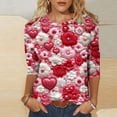 thumbnail image 1 of Womens T Shirts Valentines, Heart Tops for Women, 3/4 Sleeve Tee Shirt Women Valentine's Day Love Flower Print T Shirt Casual Round Neck Three Quarter Sleeve T-Shirt Top, 1 of 5