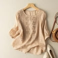 thumbnail image 1 of Womens T Shirts Vintage Embroidered Floral Three Quarter Sleeve Crew Neck Loose Artistic Top Tees for Women Khaki L, 1 of 3