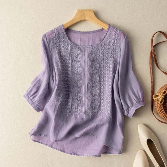Womens T Shirts Vintage Embroidered Floral Three Quarter Sleeve Crew Neck Loose Artistic Top Womens Blouses Purple L