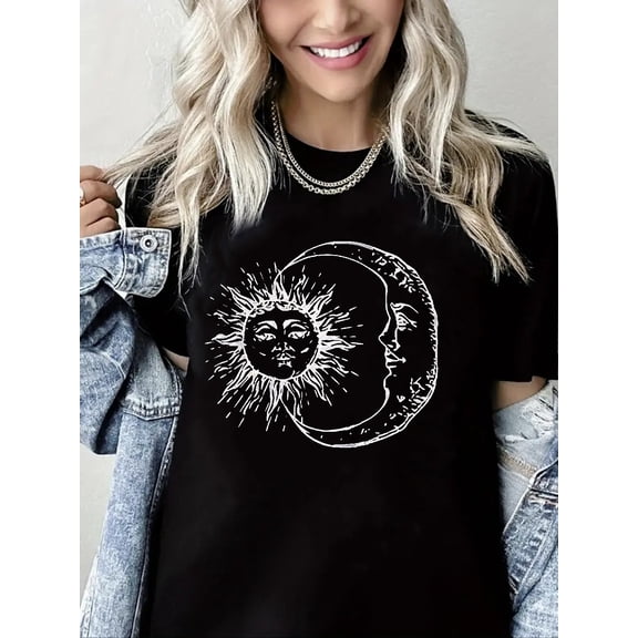 Womens T-Shirts Vintage Graphic Tees Sun and Moon Short Sleeve Vacation Funny Graphic Tee Tops