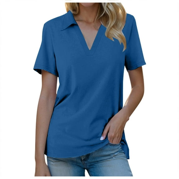 Womens T Shirts Women Short Sleeve V Neck Summer Casual Work Basic Tees Blue Loose Fit Basic Blouse L