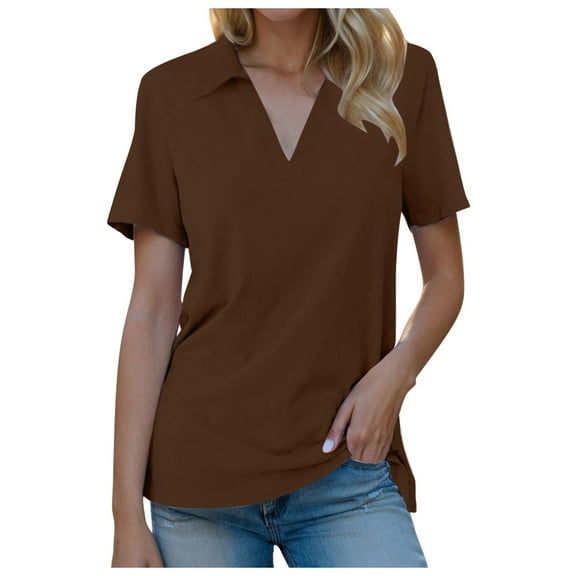 Womens T Shirts Women Short Sleeve V Neck Summer Casual Work Basic Tees Coffee Loose Fit Basic Blouse M