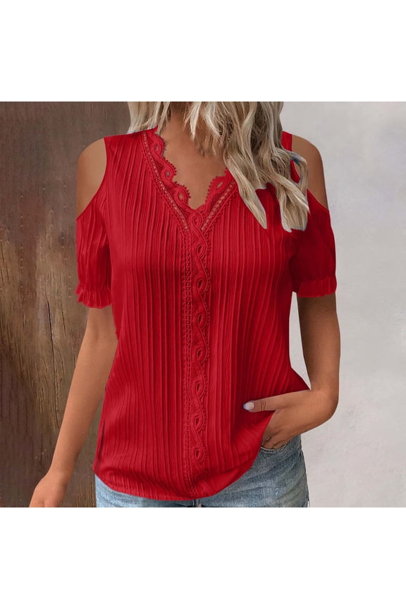 Womens T Shirts Women Summer Lace V Neck Plain Lace Elegant Shirt Fashion Solid Color Elegant Blouse Short Sleeve Comfy Soft Tee Tops for Women