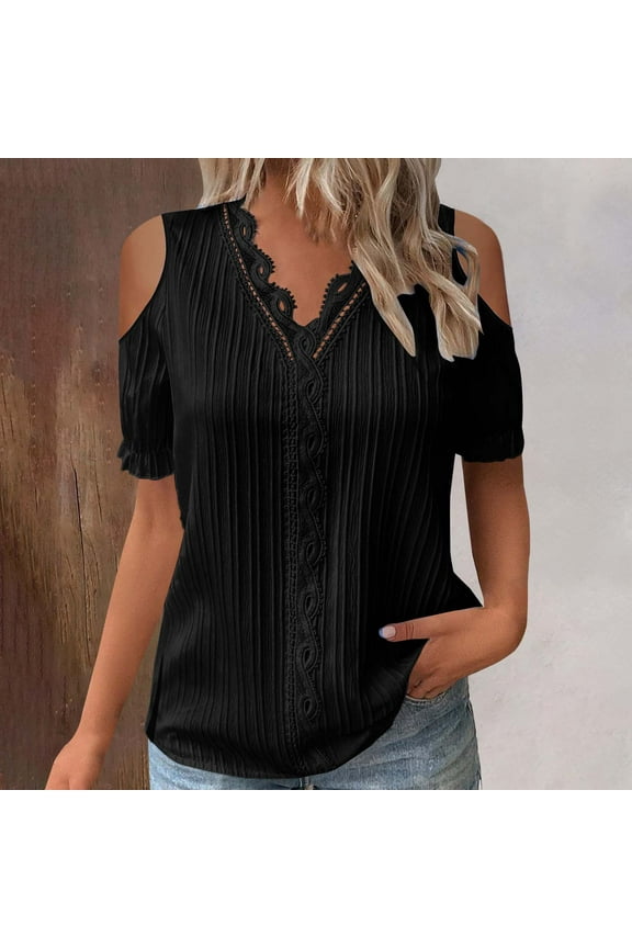 Womens T Shirts Women Summer Lace V Neck Plain Lace Elegant Shirt Fashion Solid Color Elegant Blouse Short Sleeve Comfy Soft Tee Tops for Women