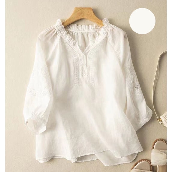 Womens T Shirts Women's Cropped Sleeve Shirt V Neck Literary Retro Loose Slim Embroidered Top 2026 Cotton and Linen Summer New Short Sleeve T Shirt Tops for Women