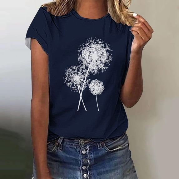 Womens T Shirts Women's Dandelion Printed Shirt Short Sleeve Round Neck T Shirt Fashion Top Lightweight Soft Casual Summer Outfit Clothes Tops for Women
