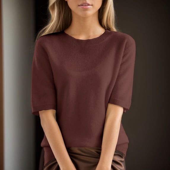 Womens T Shirts Women's Round Neck Short Sleeved Loose T Shirt with A Knit Bottom Short Tops for Women