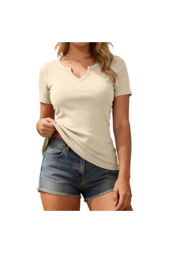 Womens T Shirts Women's Solid Color Classic Casual T Shirt Soft Everyday Basic Tee Comfortable Relaxed Fit Breathable Fabric V Neck Short Sleeve Beige L