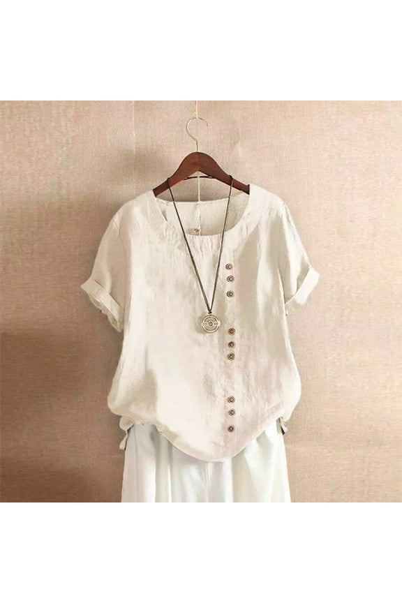 Womens T Shirts Women's Solid Color Round Neck Raglan Sleeve Hem Slit Loose Short Sleeve Button Decoration Casual Tops T Shirt Tops for Women