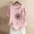thumbnail image 1 of Womens T Shirts Women's Summer Round Neck Button Cotton and Linen Dandelion Print Short Sleeve T Shirt Top Blouse Tops for Women, 1 of 3