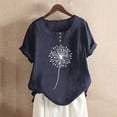 thumbnail image 1 of Womens T Shirts Women's Summer Round Neck Button Cotton and Linen Dandelion Print Short Sleeve T Shirt Top Blouse Tops for Women, 1 of 3