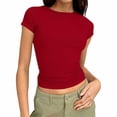 thumbnail image 1 of Womens T Shirts Women's Tops Casual Ribbed Knit Slim Fit Short Sleeve T Shirt Basic Solid Color Crew Neck Tee Top for Daily Wear, 1 of 7