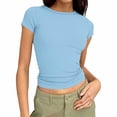 thumbnail image 1 of Womens T Shirts Women's Tops Casual Ribbed Knit Slim Fit Short Sleeve T Shirt Basic Solid Color Crew Neck Tee Top for Daily Wear, 1 of 7