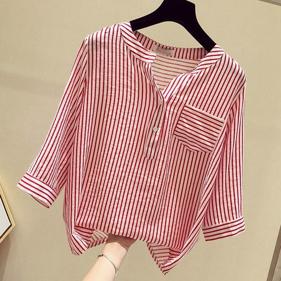 Womens T Shirts Women's V- Neck Stripe Recreational Short Sleeve Tops clothes under $10.00