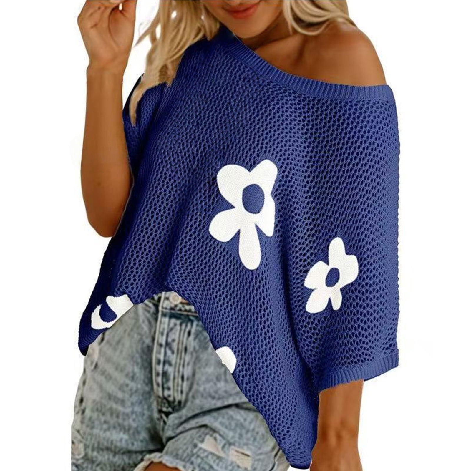 トップス MEDI COMPACT SUMMER KNIT BLOUSE Womens T Shirts Womens Mesh Knit Cover Up Asymmetric Off Shoulder