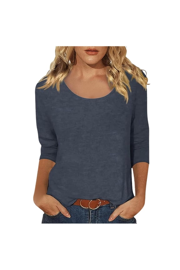 Womens T Shirts Womens Tops Women's Casual Solid Color Print Neck Low Cut 3/4 Sleeve T Shirt Top