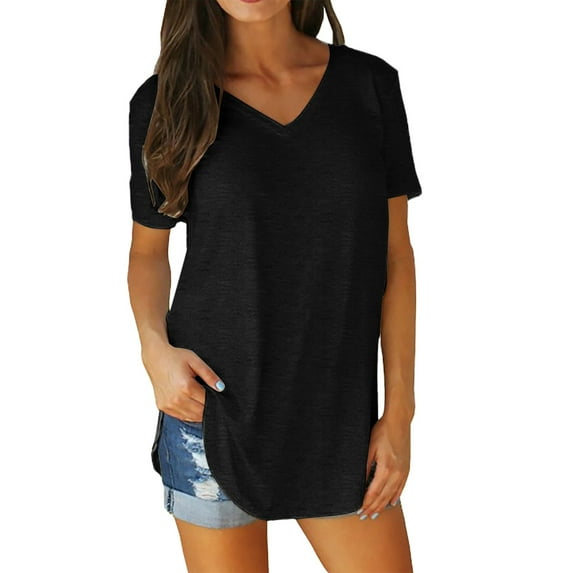 Womens T Shirts, Yigetop Summer V Neck T Shirts for Women Short Sleeve Tshirts Summer Casual Tops Loose Fit Basic Tees Women Tshirts Loose Fit Black 5XL