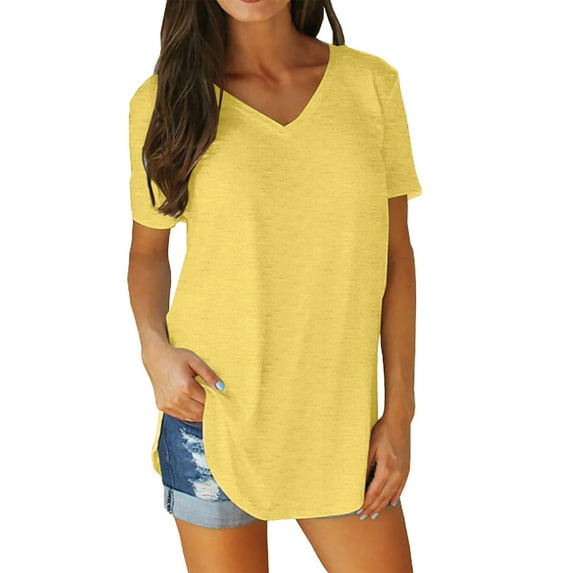 Womens T Shirts, Yigetop Summer V Neck T Shirts for Women Short Sleeve Tshirts Summer Casual Tops Loose Fit Basic Tees Women Tshirts Loose Fit Yellow 5XL