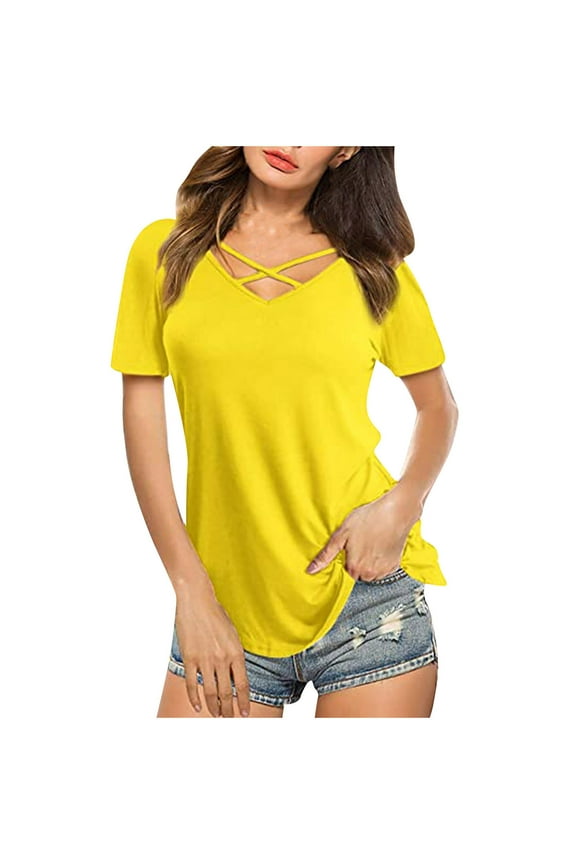 Womens T Shirts, Yigetop Womens Summer Tops V Neck Short Sleeve Basic Plain Tee T Shirt V Neck T Shirts for Women Yellow XL