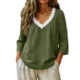 thumbnail image 1 of Womens T shirt 3/4 Sleeve Summer Tops V Neck Lace Trim Blouses Soft Cotton Linen Solid Color Tops Trendy Retro Autumn clothes Embroideried Pretty Outfits, 1 of 6