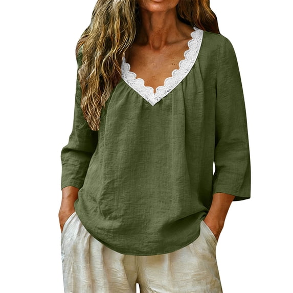 Womens T shirt 3/4 Sleeve Summer Tops V Neck Lace Trim Blouses Soft Cotton Linen Solid Color Tops Trendy Retro Autumn clothes Embroideried Pretty Outfits