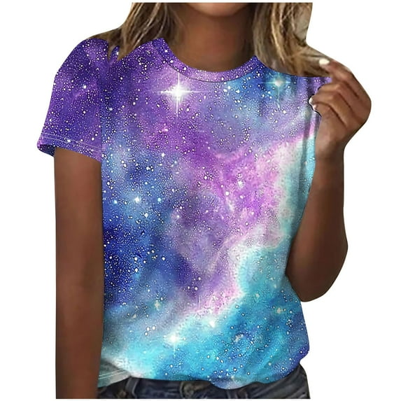 Womens T-shirts 2025 New Starry Sky Print Shirts Summer Short Sleeve Top Casual Round Neck Blouses Loose Pullover Tops Style 01 XXL