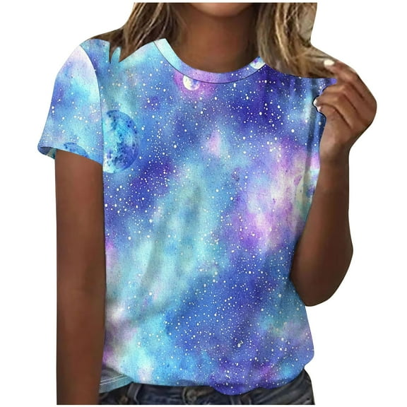 Womens T-shirts 2025 New Starry Sky Print Shirts Summer Short Sleeve Top Casual Round Neck Blouses Loose Pullover Tops Style 03 M