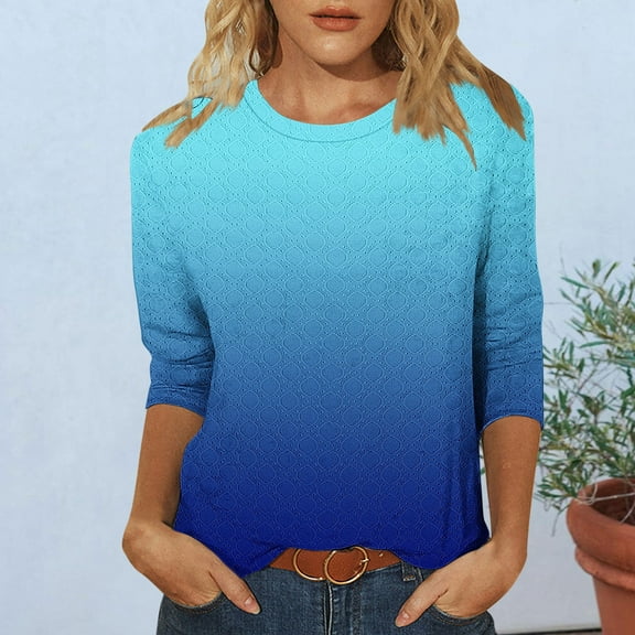 Womens T-shirts 3/4-sleeved Round-neck Gradient Printing Casual T-shirt Loose Top Blue XXL