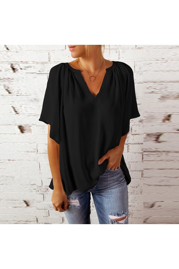 Womens T-shirts Half Sleeve V Neck Solid Color Chiffon Tee Loose Summer Tops Black S